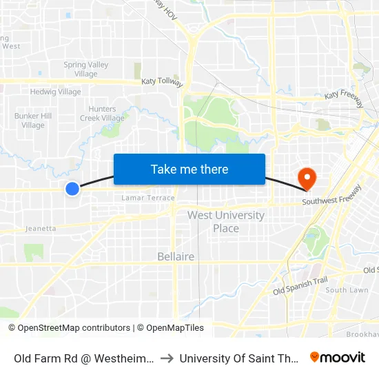 Old Farm Rd @ Westheimer Rd to University Of Saint Thomas map