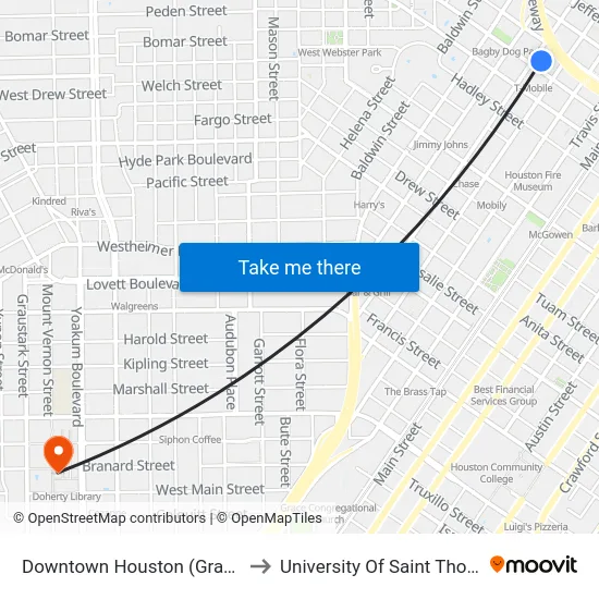 Downtown Houston (Gray St.) to University Of Saint Thomas map