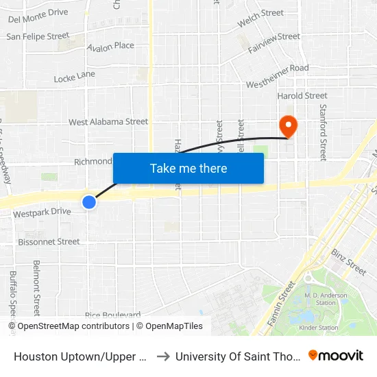 Houston Uptown/Upper Kirby to University Of Saint Thomas map