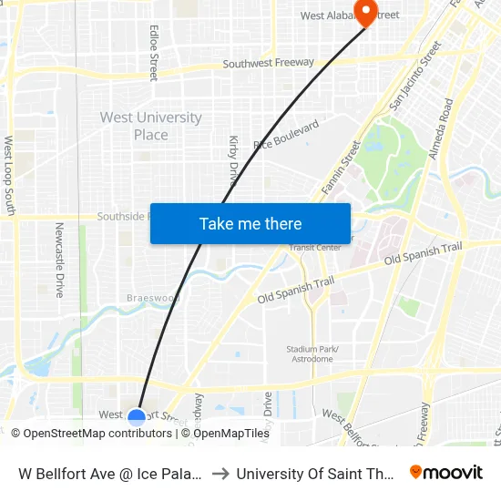 W Bellfort Ave @ Ice Palace Dr to University Of Saint Thomas map