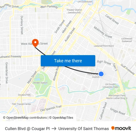 Cullen Blvd @ Cougar Pl to University Of Saint Thomas map