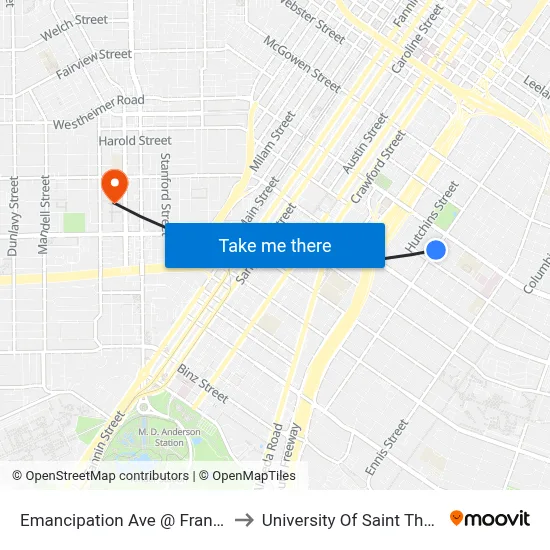 Emancipation Ave @ Francis St to University Of Saint Thomas map