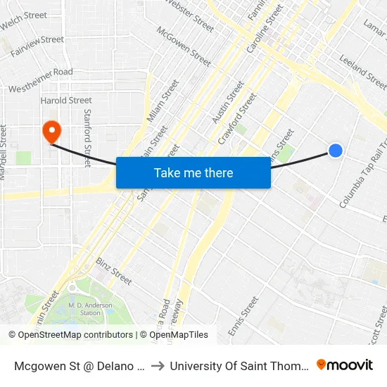 Mcgowen St @ Delano St to University Of Saint Thomas map