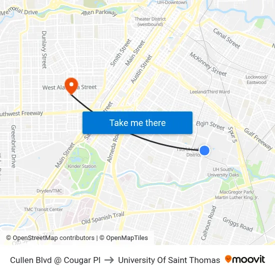 Cullen Blvd @ Cougar Pl to University Of Saint Thomas map