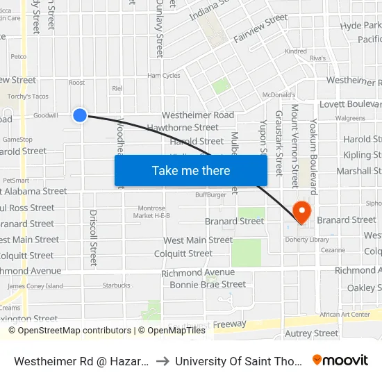 Westheimer Rd @ Hazard St to University Of Saint Thomas map