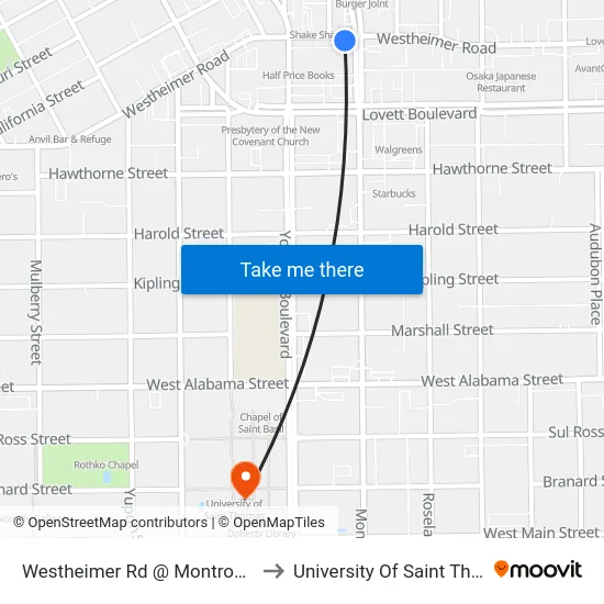 Westheimer Rd @ Montrose Blvd to University Of Saint Thomas map
