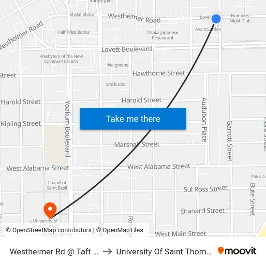 Westheimer Rd @ Taft St to University Of Saint Thomas map
