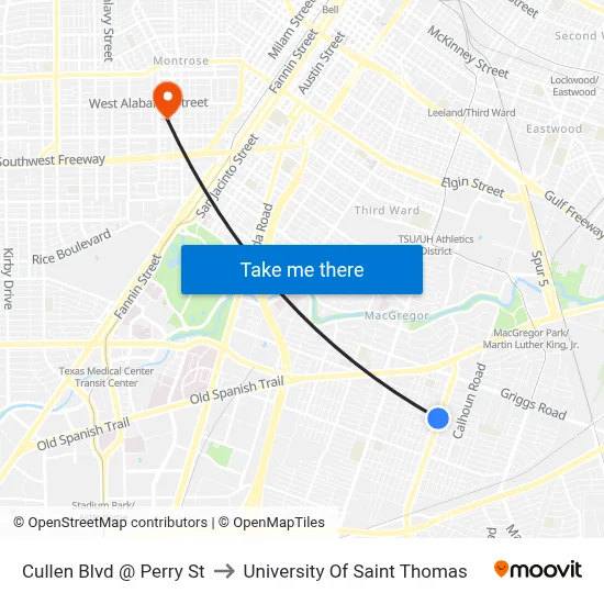 Cullen Blvd @ Perry St to University Of Saint Thomas map