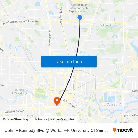 John F Kennedy Blvd @ World Houston to University Of Saint Thomas map
