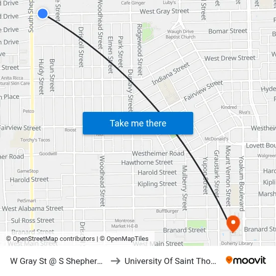 W Gray St @ S Shepherd Dr to University Of Saint Thomas map