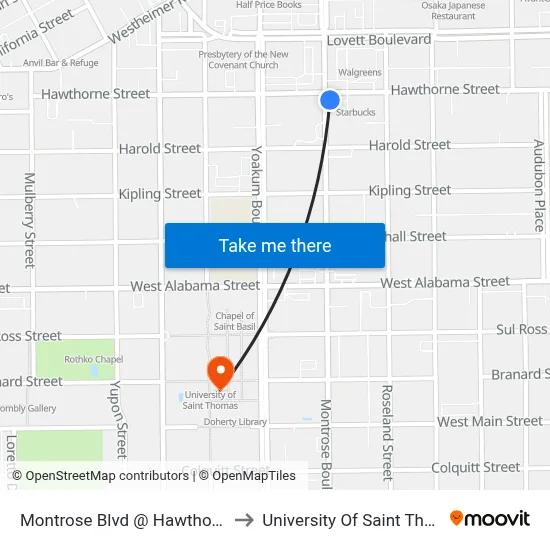 Montrose Blvd @ Hawthorne St to University Of Saint Thomas map