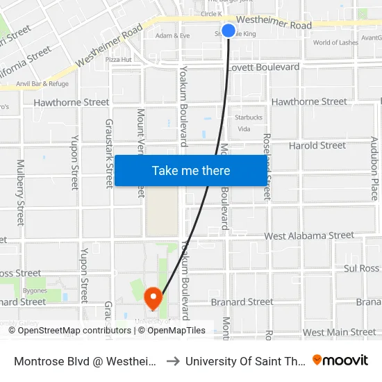 Montrose Blvd @ Westheimer Rd to University Of Saint Thomas map