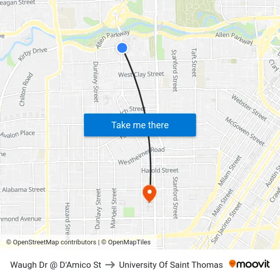 Waugh Dr @ D'Amico St to University Of Saint Thomas map