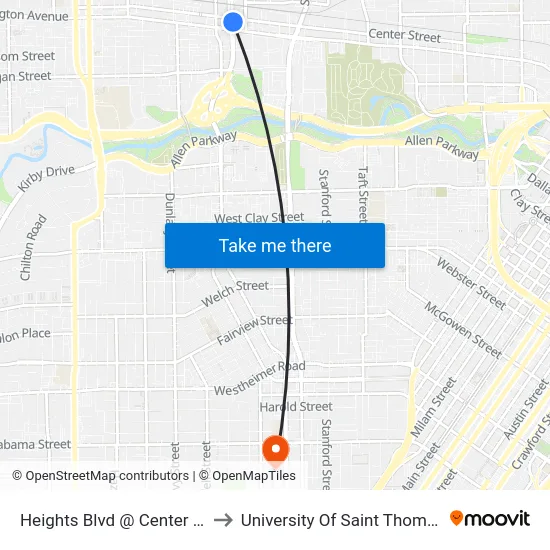 Heights Blvd @ Center St to University Of Saint Thomas map
