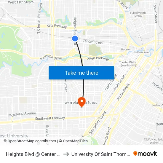 Heights Blvd @ Center St to University Of Saint Thomas map