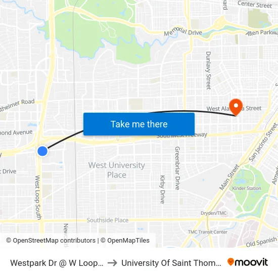 Westpark Dr @ W Loop S to University Of Saint Thomas map