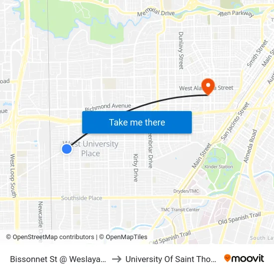 Bissonnet St @ Weslayan St to University Of Saint Thomas map