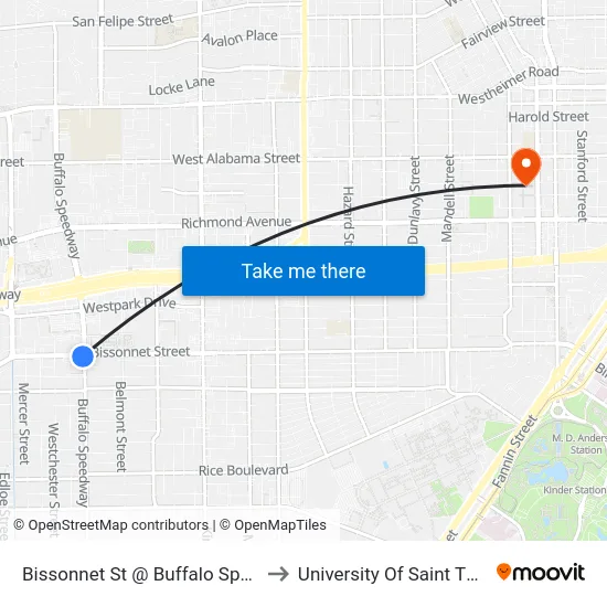 Bissonnet St @ Buffalo Speedway to University Of Saint Thomas map