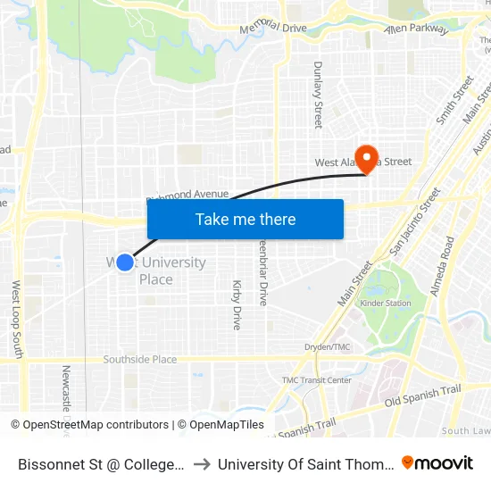 Bissonnet St @ College St to University Of Saint Thomas map
