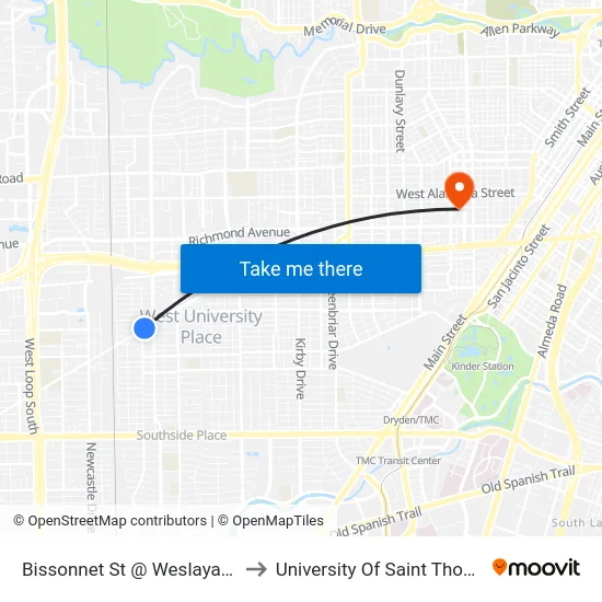 Bissonnet St @ Weslayan St to University Of Saint Thomas map