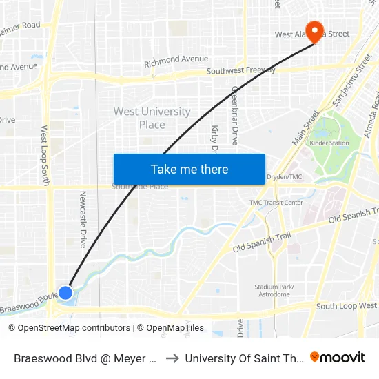 Braeswood Blvd @ Meyer Park Dr to University Of Saint Thomas map