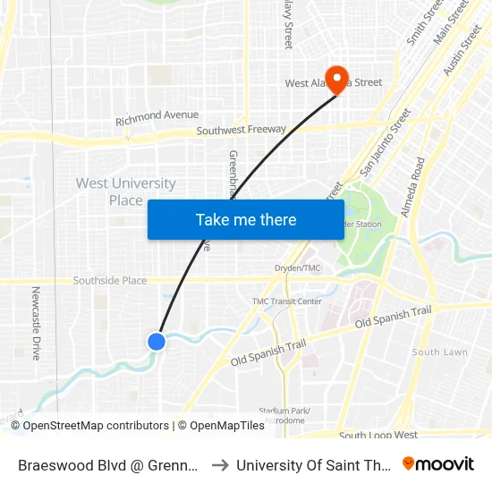 Braeswood Blvd @ Grennoch Ln to University Of Saint Thomas map