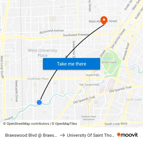 Braeswood Blvd @ Braes Blvd to University Of Saint Thomas map