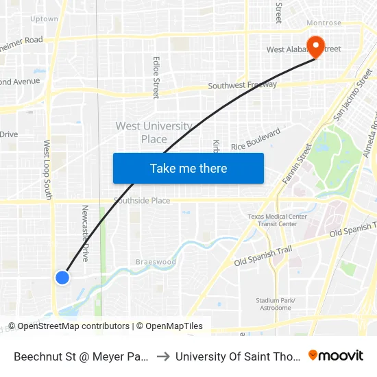 Beechnut St @ Meyer Park Dr to University Of Saint Thomas map