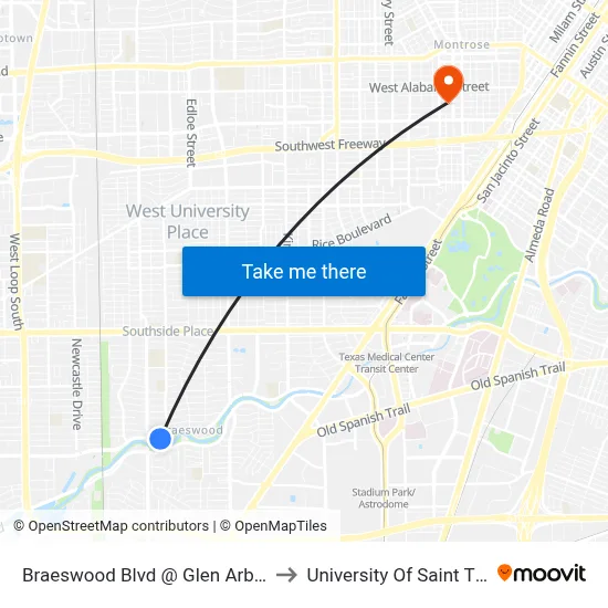Braeswood Blvd @ Glen Arbor Dr MB to University Of Saint Thomas map