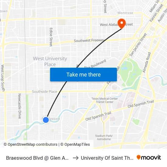 Braeswood Blvd @ Glen Arbor Dr to University Of Saint Thomas map