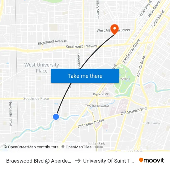 Braeswood Blvd @ Aberdeen Way to University Of Saint Thomas map