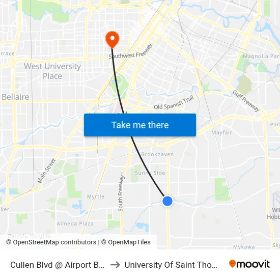 Cullen Blvd @ Airport Blvd to University Of Saint Thomas map