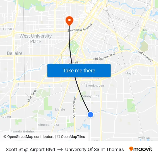 Scott St @ Airport Blvd to University Of Saint Thomas map