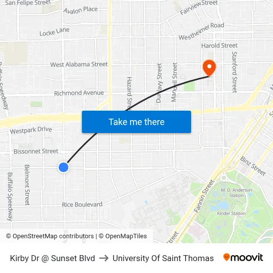 Kirby Dr @ Sunset Blvd to University Of Saint Thomas map