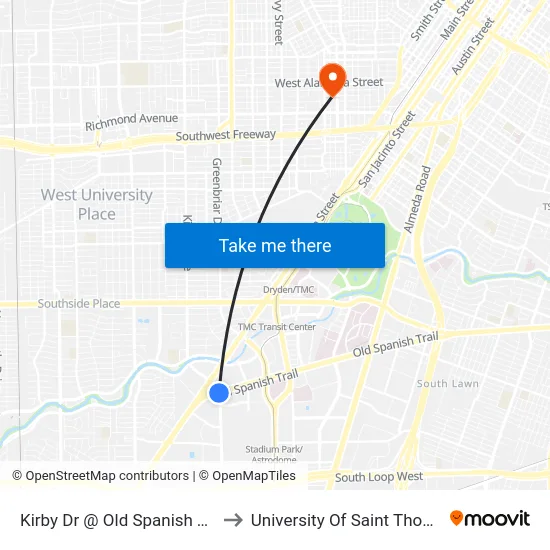 Kirby Dr @ Old Spanish Trail to University Of Saint Thomas map