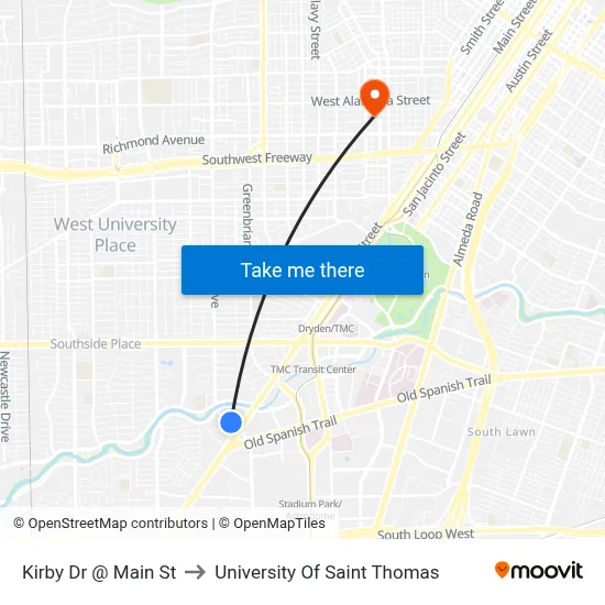 Kirby Dr @ Main St to University Of Saint Thomas map