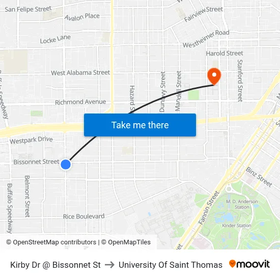 Kirby Dr @ Bissonnet St to University Of Saint Thomas map