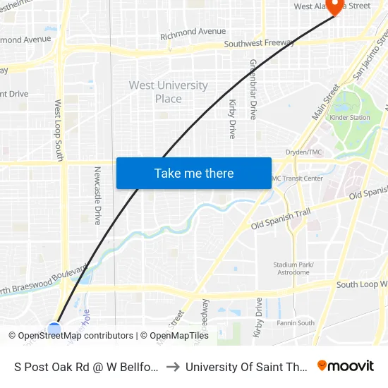 S Post Oak Rd @ W Bellfort Ave to University Of Saint Thomas map