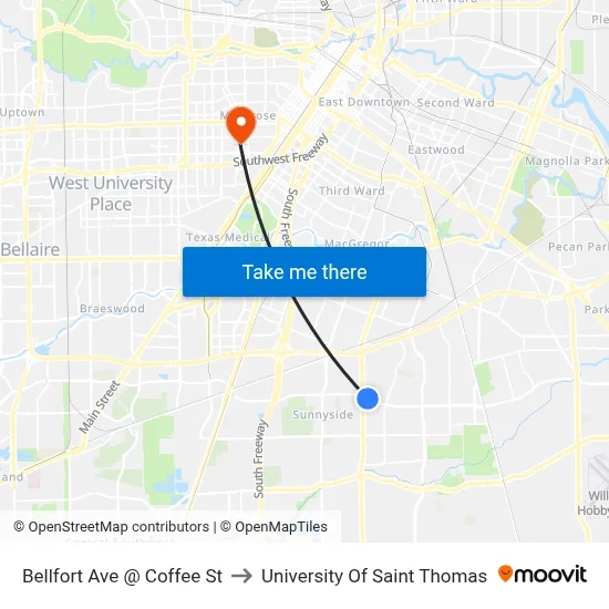 Bellfort Ave @ Coffee St to University Of Saint Thomas map