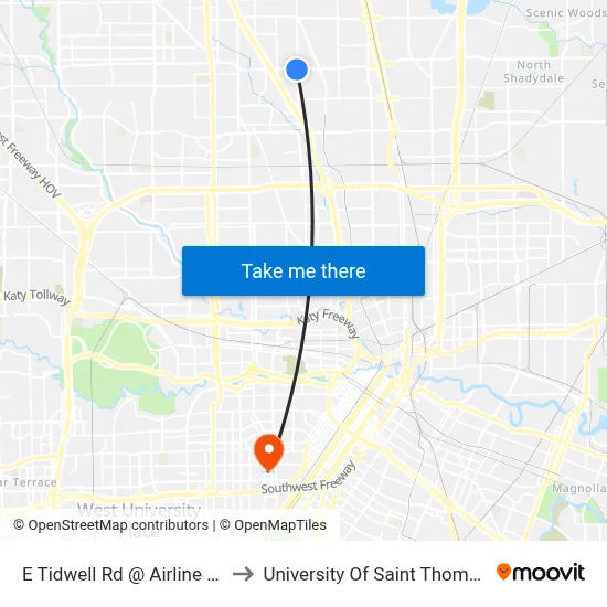 E Tidwell Rd @ Airline Dr to University Of Saint Thomas map