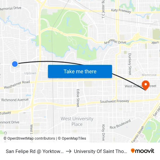 San Felipe Rd @ Yorktown St to University Of Saint Thomas map