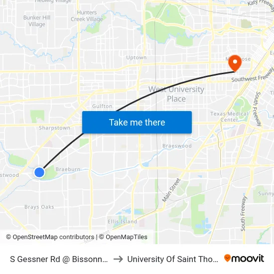 S Gessner Rd @ Bissonnet St to University Of Saint Thomas map