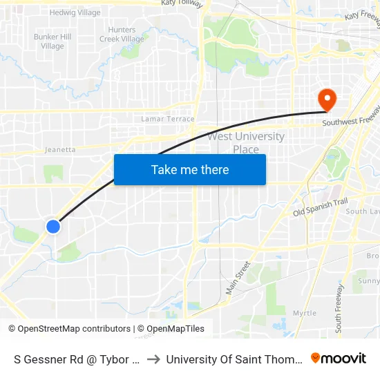 S Gessner Rd @ Tybor Dr to University Of Saint Thomas map
