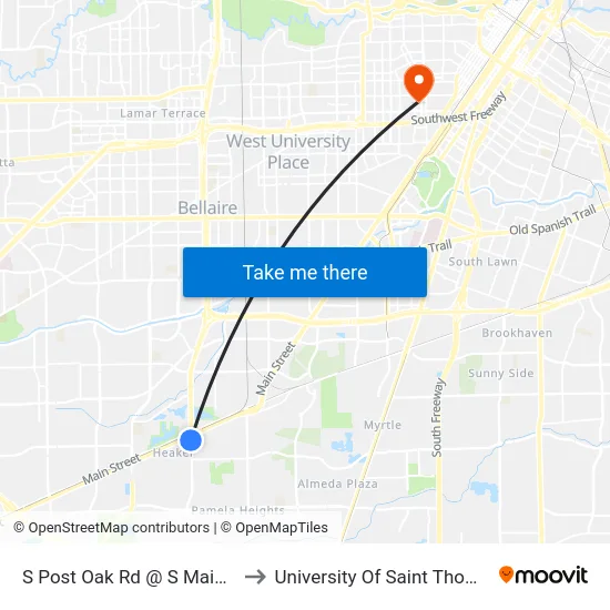 S Post Oak Rd @ S Main St to University Of Saint Thomas map