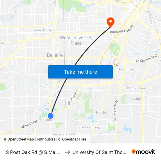 S Post Oak Rd @ S Main St to University Of Saint Thomas map