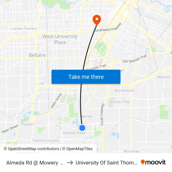 Almeda Rd @ Mowery Rd to University Of Saint Thomas map