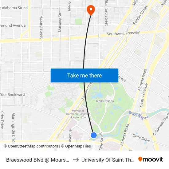 Braeswood Blvd @ Moursund St to University Of Saint Thomas map