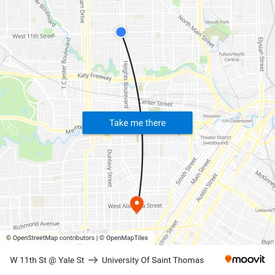 W 11th St @ Yale St to University Of Saint Thomas map