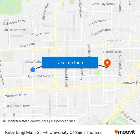 Kirby Dr @ Main St to University Of Saint Thomas map