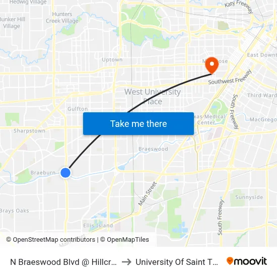 N Braeswood Blvd @ Hillcroft Ave to University Of Saint Thomas map